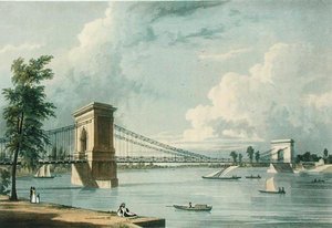 Most wiszący, Hammersmith, z „Mikrokosmosu Londynu” Ackermanna, grawerowane przez J. Baily autorstwa William (after) Westall