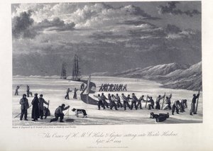 Załoga H.M.S. Hecla i Griper wpadają do zimowego portu, 26 września 1819, ilustracja z „Journal of a Voyage for the Discovery of North-West Passage z Atlantyku na Pacyfik…” autorstwa William (after) Westall
