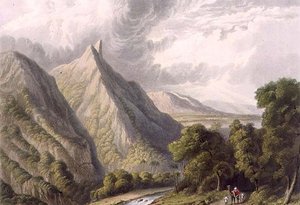 Widok w Bore Ghaut, wygrawerowany przez T. Fieldinga i pokolorowany przez J.B. Hogarth autorstwa William (after) Westall