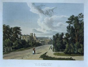 Widok szkoły rugby od strony Northampton Road, z „Historii szkoły rugby”, części „Historii kolegiów”, rycina Daniela Havella (1785-1826) wyd. przez R. Ackermanna autorstwa William (after) Westall