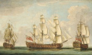 Statek kompanii [Wschodnioindyjskiej] Kompanii Bessborough w trzech pozycjach na Kanale z pokładami zatłoczonymi ludźmi (olej na płótnie) autorstwa William (attr. to) Elliott