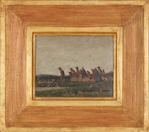 Postacie przechodzące przez krajobraz (olej na płótnie) autorstwa William (circle of) Nicholson