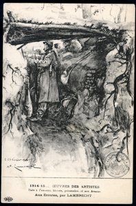 Pierwsza wojna światowa - wojna 14-18 (1914-1918) - I wojna światowa (I wojna światowa lub I wojna światowa): Francja, mapa patriotyczna przedstawiająca rysunek żołnierza w okopie obserwującego linię frontu, zatytułowana: „słuchanie” autorstwa William Adolphe Lambrecht