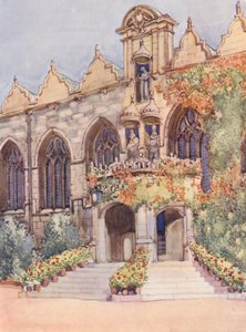 Wejście do Oriel College Hall, przedstawiające posągi Dziewicy z Dzieciątkiem, Edwarda II, nominalnego założyciela uczelni, i Karola I, za którego panowania zbudowano salę (kolorowa litografia)