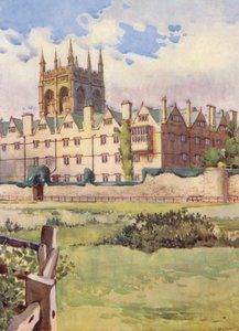 Merton College, w którym podczas wojny domowej przebywała królowa Henrietta Maria, z bastionem starego muru miejskiego (kolorowa litografia)