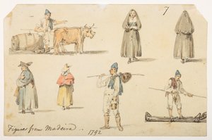 7’ Figurki z Madiera. 1792.”  z albumu 372 rysunków pejzaży, wybrzeży, strojów i życia codziennego wykonanych podczas ambasady Lorda Macartneya u cesarza Chin w latach 1792-1794 (ołówek i akwarela na papierze) autorstwa William Alexander