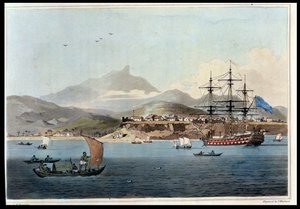 Porto Praya na wyspie St. Jago, tablica 4 z „Podróży do Cochinchina” Johna Barrowa (1764-1848) rytowana przez Thomasa Medlanda (1755-1823) 1806 (akwatinta)
