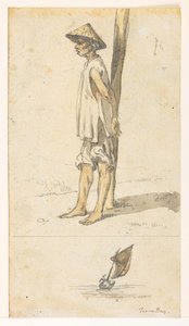 f.5 32v Młody mężczyzna oparty o drzewo; łódka. Zatoka Turona.  z albumu 372 rysunków pejzaży, wybrzeży, strojów i życia codziennego wykonanych podczas ambasady lorda Macartneya u cesarza chińskiego w latach 1792-1794 (ołówek i akwarela na s. autorstwa William Alexander