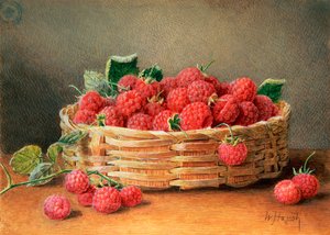 Martwa natura z malinami w wiklinowym koszyku