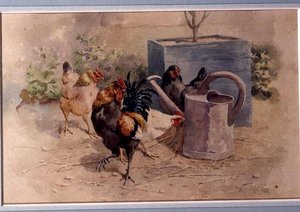 Kurczaki przy konewce (akwarela z body na papierze) autorstwa William Baptiste Baird