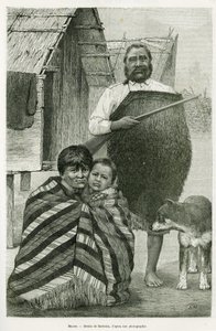 Trzy pokolenia Maorysów. Grawer autorstwa Barbotina, ilustrujący opowiadanie Voyage a la Nouvelle Zelande, 1889, G. Verschuur, in le tour du monde 1890, reżyseria Edouard Charton (1807-1890), Hachette, Paryż. autorstwa William Barbotin