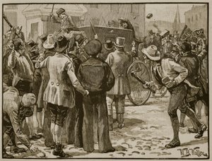 Atak na Sir Charlesa Wetherella w Bristolu, ilustracja z „Ilustrowanej historii Anglii Cassella” (zdjęcie w sepii) autorstwa William Barnes Wollen