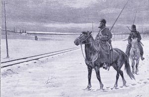 Na straży linii kolejowej w pobliżu Mukden, ilustracja z Historii wojny rosyjsko-japońskiej Cassells t. 1, ok. 1900 autorstwa William Barnes Wollen