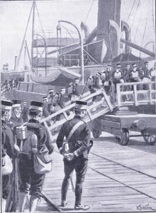 Japońskie wojska wkraczające do Kobe, ilustracja z Cassells History of the rosyjsko-japońskiej wojny t. 1, ok. 1900 autorstwa William Barnes Wollen