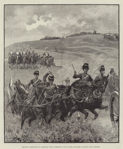 Manewry wojskowe we Frensham, niedaleko Aldershot, Royal Horse Artillery galopuje na pozycję autorstwa William Barnes Wollen