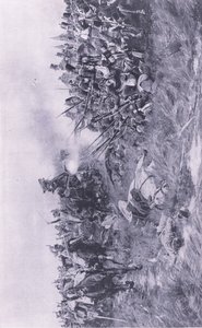 28. pułk Gloucester otrzymujący francuską kawalerię pod Waterloo 18 czerwca 1815, ilustracja z brytyjskich bitew lądowych i morskich, 1915 autorstwa William Barnes Wollen