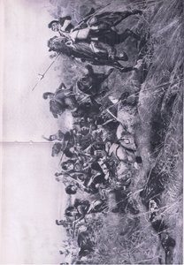 Czarna straż w bitwie pod Quatre Bras 16 czerwca 1815, ilustracja z brytyjskich bitew lądowych i morskich, 1915 autorstwa William Barnes Wollen