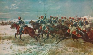 Szarża 10 Huzarów w kampanii Benevente Coruña, 1809, c1915 1928 autorstwa William Barnes Wollen