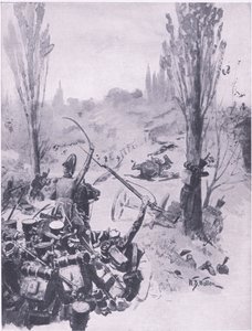 Natarcie wojsk francuskich pod Ligny, 16 czerwca 1815, ilustracja z brytyjskich bitew lądowych i morskich, 1915 autorstwa William Barnes Wollen