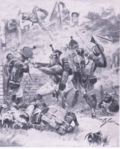 Atak na mur w Hougomont: Waterloo 1815, ilustracja z brytyjskich bitew lądowych i morskich, 1915 autorstwa William Barnes Wollen