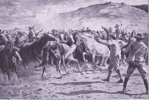 Zdobycie koni w dzielnicy Brandwater pod Fouriesburgiem: łapanie stada, ilustracja z filmu After Pretoria: The Guerilla War, 1902 autorstwa William Barnes Wollen