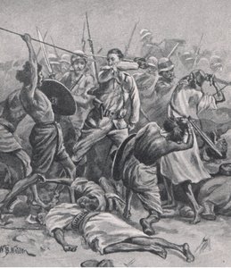 Plac w Abu-Klea, 17 stycznia 1885, ilustracja z brytyjskich bitew lądowych i morskich, 1915 autorstwa William Barnes Wollen