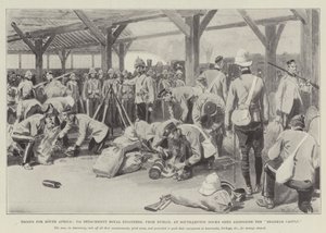 Oddziały dla RPA, 7. Oddział Królewskich Inżynierów, z Dublina, w Southampton Docks Shed obok zamku Braemar autorstwa William Barnes Wollen