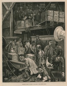 Łamanie masy na pokładzie statku herbacianego w londyńskich dokach (grawerowanie) autorstwa William Bazett Murray