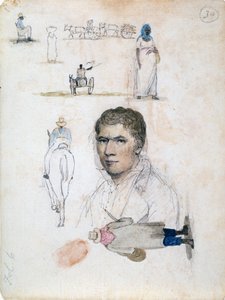 Osiem małych rysunków, w tym portret, studia postaci, wózki, autorstwa artysty Williama Berrymana. autorstwa William Berryman