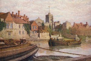 Maidstone, tył starożytnego pałacu, kościół i Old College zza rzeki Medway (kolorowa litografia) autorstwa William Biscombe Gardner