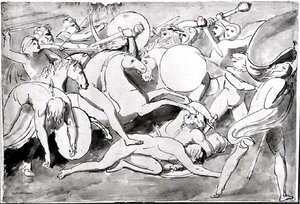 Scena bitwy (pióro i atrament) (zdjęcie czarno-białe) autorstwa William Blake