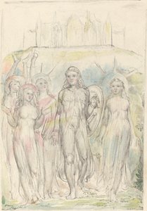 Chrześcijanin z tarczą wiary, żegnający się ze swymi towarzyszami autorstwa William Blake