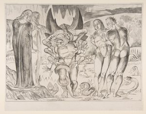 Krąg złodziei: Agnello Brunelleschi zaatakowany przez sześcionogiego węża, z Dan..., ca. 1825-27. autorstwa William Blake