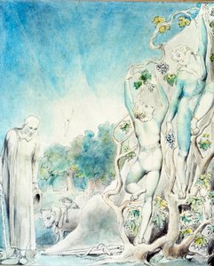 Comus spotyka jednego z braci zajętych zbieraniem owoców, aby nakarmić Lady. XIX wiek (akwarela) autorstwa William Blake