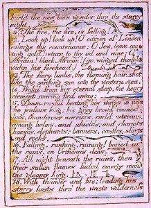 „Rzucił cud nowonarodzony przez gwiaździstą noc”, tekst z „Wesela nieba i piekła”, ok. 1790-3 (akwaforta wypukła wykończona piórem i akwarelą) autorstwa William Blake