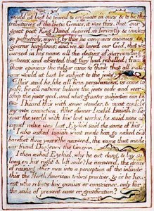 "Nareszcie udowodniono bym, że pochodzę...", tekst i ilustracja z "Wesela niebios", ok. 1790-3 (akwaforta wypukła wykończona piórem i akwarelą) autorstwa William Blake