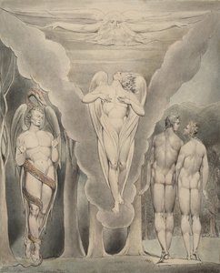 Ilustracja 4 do „Raju utraconego” Miltona: Szatan szpieguje Adama i Ewę oraz zejście Rafaela do raju, 1807 autorstwa William Blake