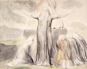 Ofiara Hioba: A mój sługa Hiob będzie się za ciebie modlił (pióro i atrament z akwarelą na papierze) autorstwa William Blake