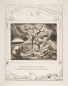 Szatan uderzający Hioba wrzodami, z ilustracji Księgi Hioba, 1825-26. autorstwa William Blake