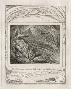 Księga Hioba: Pl. 13, Wtedy Pan odpowiedział Jobowi z trąby powietrznej, 1825. autorstwa William Blake