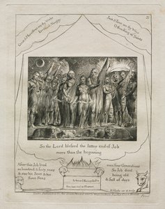Księga Hioba: Pl. 21, więc Pan pobłogosławił ostatni koniec Joba bardziej niż 1825. autorstwa William Blake