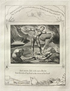 Księga Hioba: Pl. 6, I poraził Hioba bolesnymi wrzodami na podeszwie stopy..., 1825. autorstwa William Blake