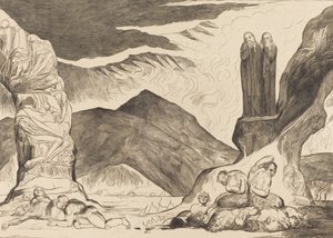 Krąg fałszerzy: Dante i Wergiliusz zakrywający nosy z powodu smrodu, 1827. autorstwa William Blake