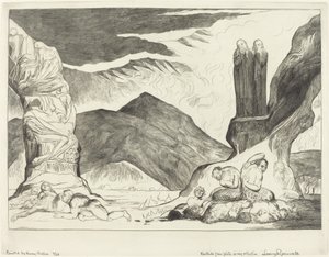 Krąg Falsyfikatorów, Dante i Wergiliusz zakrywający nosy z powodu smrodu, 1827. autorstwa William Blake