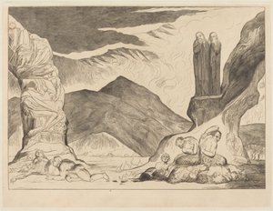 Krąg fałszerzy: Dante i Wergiliusz zasłaniają nosy z powodu odoru autorstwa William Blake