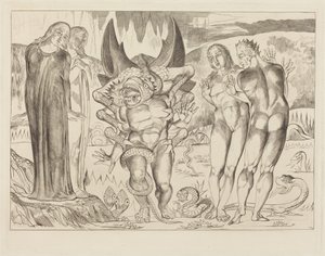Krąg złodziei; Agnolo Brunelleschi zaatakowany przez sześcionogiego węża autorstwa William Blake