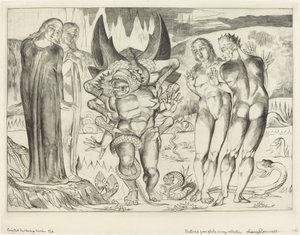 Koło złodziei, Agnolo Brunelleschi zaatakowany przez sześcionożnego węża, 1827. autorstwa William Blake