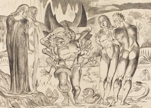 Koło złodziei, Agnolo Brunelleschi zaatakowany przez sześcionogiego węża, 1827. autorstwa William Blake