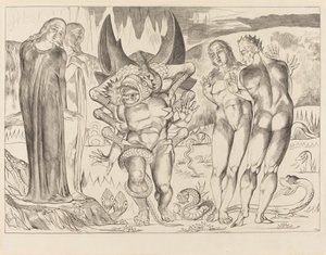 Koło złodziei, Agnolo Brunelleschi zaatakowany przez sześcionożnego węża, 1827. autorstwa William Blake