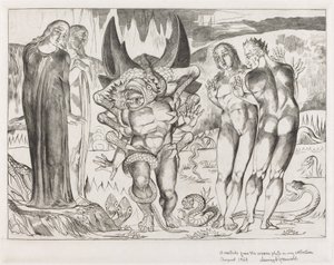 Koło złodziei, Agnolo Brunelleschi zaatakowany przez sześcionożnego węża, 1827. autorstwa William Blake